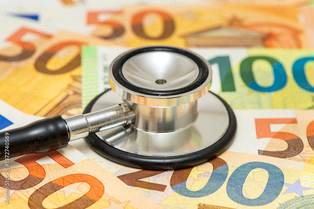 Ein medizinisches Stethoskop liegt auf vielen Euro Banknoten als Symbol für Kosten im Gesundheitswesen