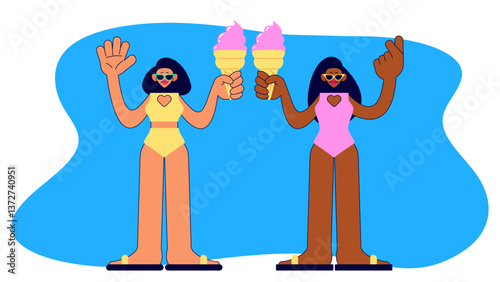 Women with ice cream. Friends in swim suits have fun together on vacation. Cartoon isolated vector illustration. 