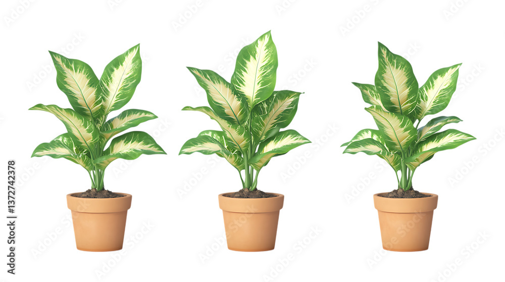 Dumb Cane (Dieffenbachia) Plant in Pot Set in Three Poses on Transparent Background for Botanical Illustrations, Indoor Decor, or Gardening Projects Dumb Cane (Dieffenbachia) Plant in Pot Set in Three Poses on Transparent Background for Botanical Illustrations, Indoor Decor, or Gardening Projects