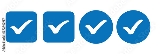 Blue check mark icon. Flat design for business financial marketing banking advertising web concept cartoon illustration. EPS 10
