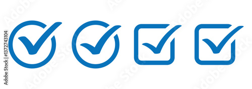 Blue checkmark icon, checkbox, blue tick mark, blue checklist symbol set. Verified check icons in vector format.