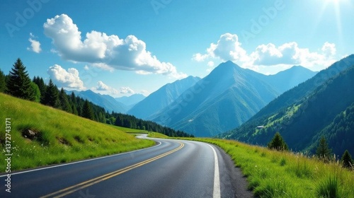 Asphalt Ribbon Unwinding Through Verdant Hills and Majestic Mountains Under a Brilliant Summer Sky