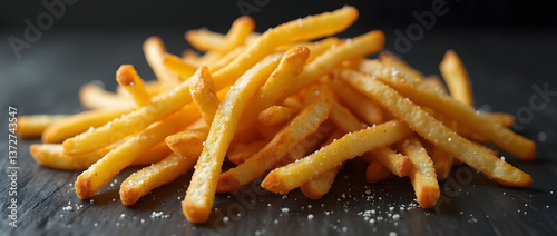 Montagne de frites salées déposées sur une table en bois noire