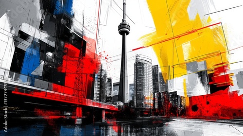 Toronto cityscape rendered in bold abstract brushstrokes and sharp lines