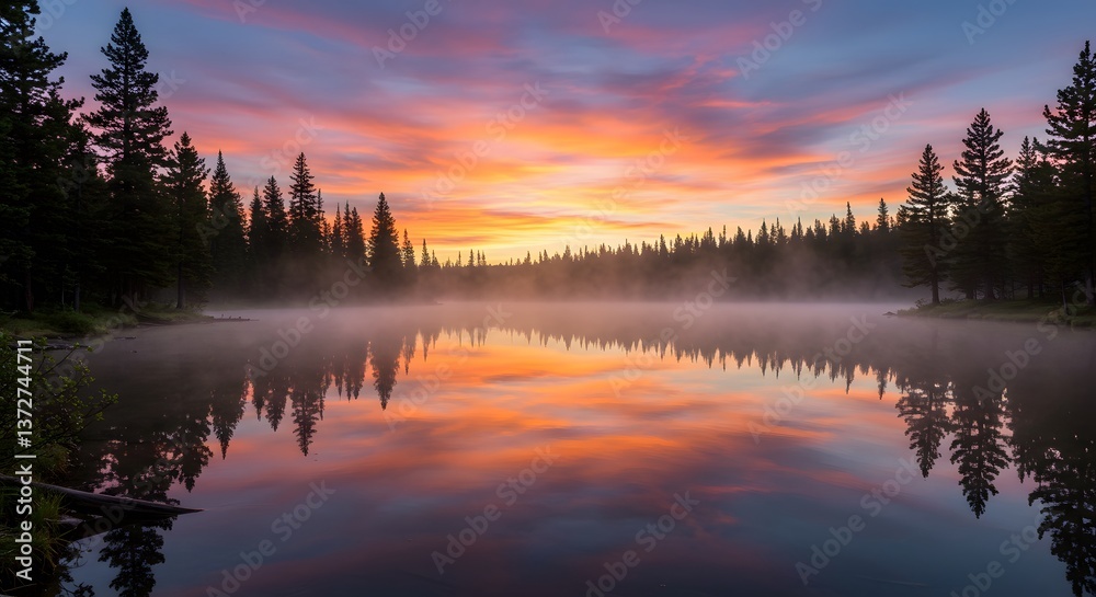 Fototapeta premium Serene sunrise reflecting on lake surrounded by silhouette of trees