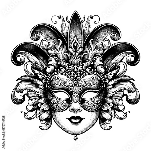 Venetian mask sketch engraving black and white outline. Scratch board imitation.
