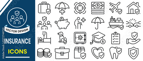 Insurance line icons, vector set. Insurance icon for money,  car, house, care, property, life and health of a person. Vector illustration.