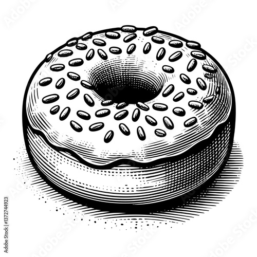 chocolate doughnut engraving sketch engraving black and white outline. Scratch board imitation.  illustrated in vintage line art style on a white background.