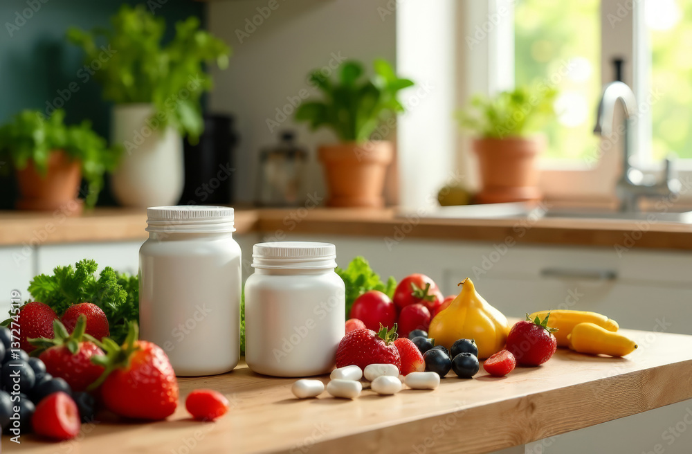 Jars with vitamins and dietary supplements next to fruits and berries on the table of a spring modern kitchen, mock up