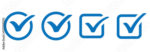 Blue checkmark icon, checkbox, blue tick mark, blue checklist symbol set. Verified check icons in vector format.