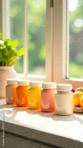 Colorful vitamins jars n a windowsill of a bright modern kitchen, health concept, mock up, vertical