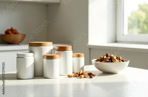 White jars of vitamins and supplements next to nuts on a white table in a bright modern kitchen, mock up