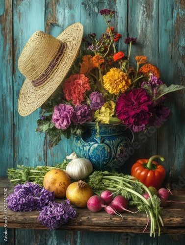 Rustic floral and vegetable still life with straw hat on wooden background.
