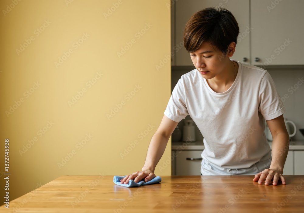 Woman cleaning kitchen table with cloth against yellow wall Woman cleaning kitchen table with cloth against yellow wall