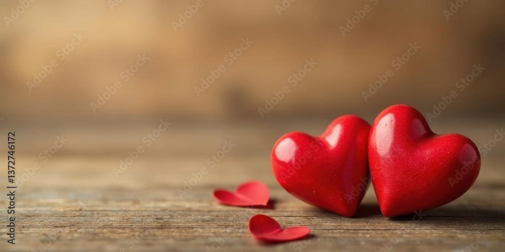 Fototapeta premium Romantic Red Hearts on Rustic Wood Background, Symbol of Love and Affection