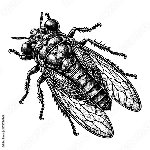 cicada insect sketch engraving black and white outline. Scratch board imitation.