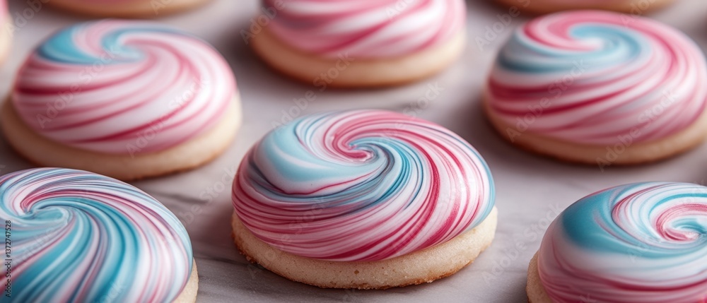Obraz premium Delicious swirl cookies with vibrant red and blue icing on a marble surface capturing a sweet treat with a whimsical and delectable appeal