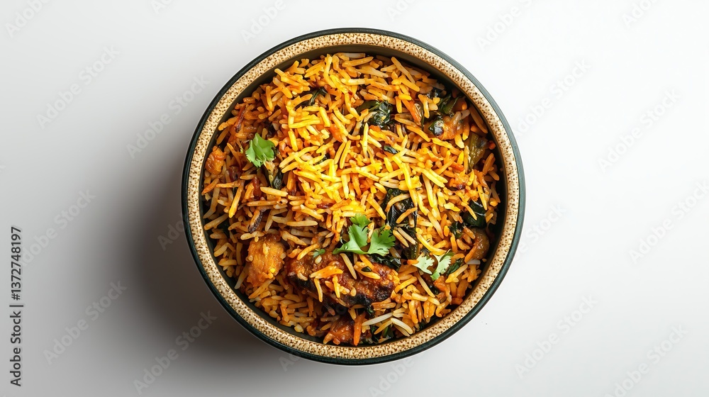 Overhead shot of biryani featuring rice vegetables and herbs served in decorative bowl on white Overhead shot of biryani featuring rice vegetables and herbs served in decorative bowl on white