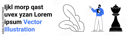 Man holding clipboard pointing outward, chess king, and abstract plant. Ideal for strategy, decision-making, leadership, planning, growth, innovation and simple landing page