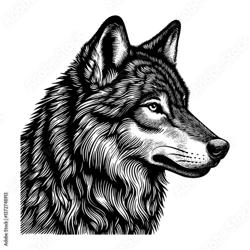wolf portrait sketch engraving black and white outline. Scratch board imitation.