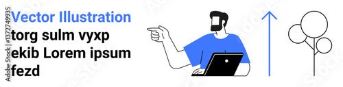 Man using laptop pointing to text, tree, and arrow symbolizing ideas, growth, and progress. Ideal for technology, creativity, teamwork, remote work productivity business development flat landing