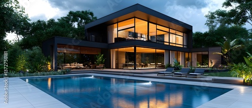 Discover a modern architectural luxurious house with pool in serene environment captivating nighttime contemporary design