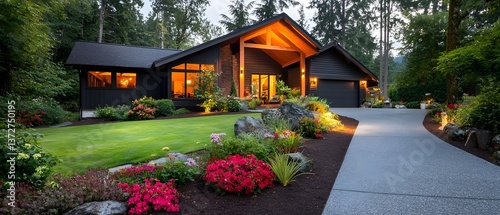Stunning modern home exterior pacific northwest real estate photography evening light front view tranquil living concept