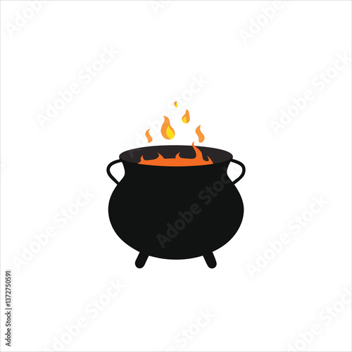 Halloween Witches Cauldron Vector Boiling Magic Potions in Black Cast Iron Pot on White Background Spooky Clipart Design.