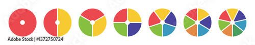 Donut chart icons. Pies segmented on from 1 to 7 equal parts. Wheels divided in sections. Diagrams infographic multicoloured. Circle section graphs. Loading bar mockup. Pizza chart round icons layout.