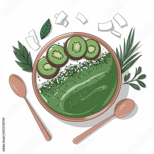 Green Smoothie Bowl with Kiwi, Coconut and Chia Seeds