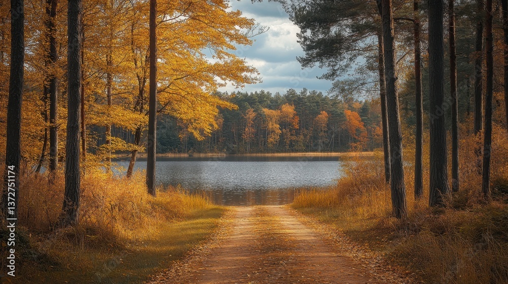 Fototapeta premium Serene autumn forest scene with golden foliage reflecting on tranquil lake water under cloudy sky
