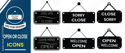 Open and close icon, vector set. Silhouette of hanging board open closed icon symbol and sign design for shop, store, restaurant, office. Vector illustration.