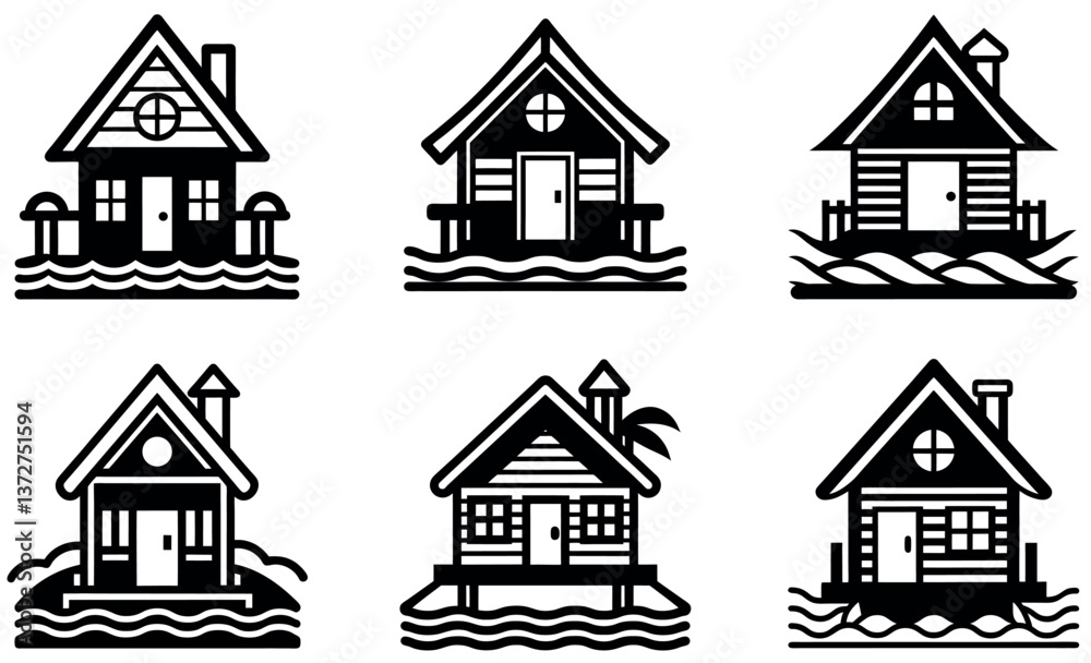 Fototapeta premium Simple Black and White Icons of Seaside Cottages