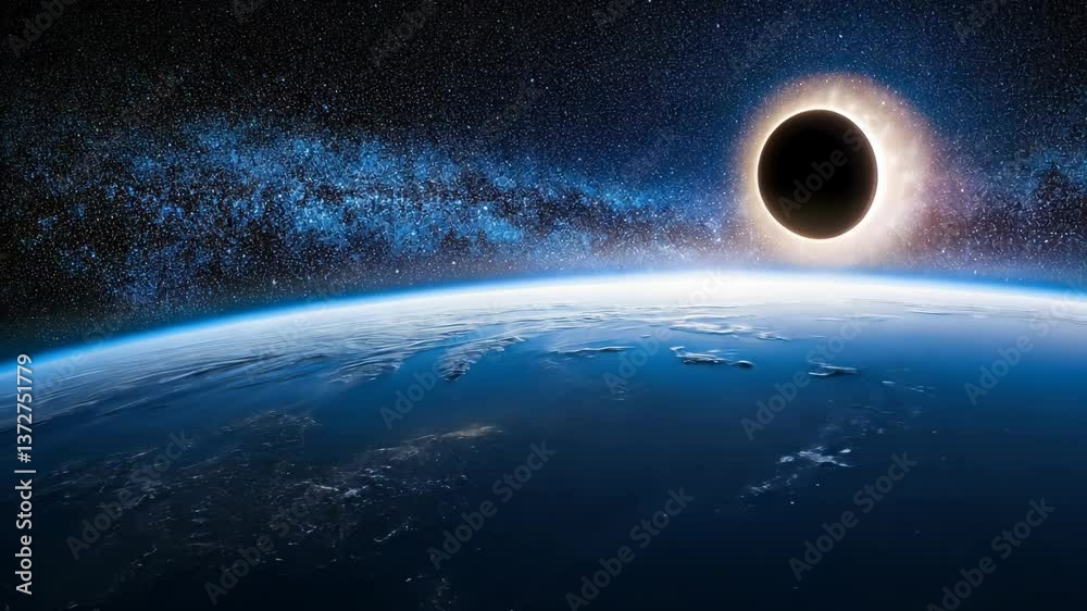 Celestial event showcases a total solar eclipse above Earth with stars and cosmic beauty in the background