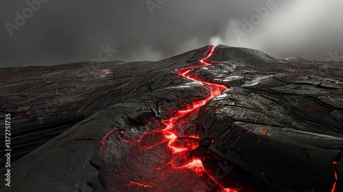 Fiery River of Lava Descending Volcanic Mountain