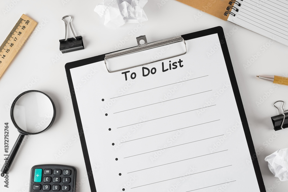 to do list on clipboard with office supplies, isolated on white background to do list on clipboard with office supplies, isolated on white background