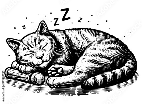 Sleepy cat sketch engraving black and white outline. Scratch board imitation.  illustrated in vintage line art style on a white background.
