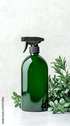 A green spray bottle sits beside lush greenery against a soft textured background, highlighting eco-friendly cleaning or cosmetic uses.