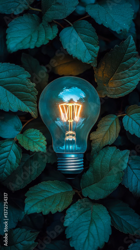 Eco Light Bulb Embraced by Leaves Symbolizing Sustainable Energy in Blue Hue