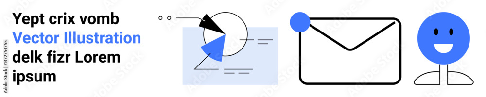 Fototapeta premium Pie chart with data, envelope icon, and smiling face representing analytics, messaging, and human interaction. Ideal for business, teamwork, technology, email user experience innovation and simple
