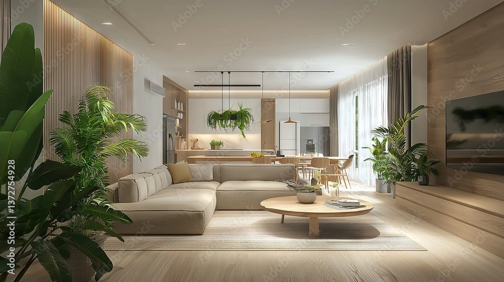 Bright and minimalist living room with sofa and green plants, featuring simple and clean decor, creating a calm and inviting atmosphere for a modern home interior Bright and minimalist living room with sofa and green plants, featuring simple and clean decor, creating a calm and inviting atmosphere for a modern home interior