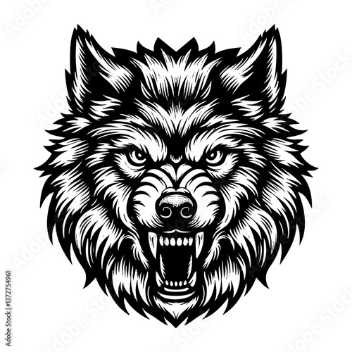 wolf portrait sketch engraving black and white outline. Scratch board imitation.