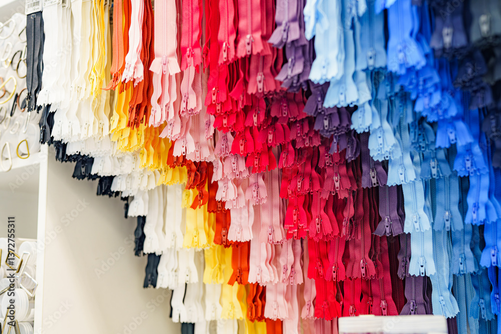 Fototapeta premium Sewing zippers of different colors hang in a shop window.