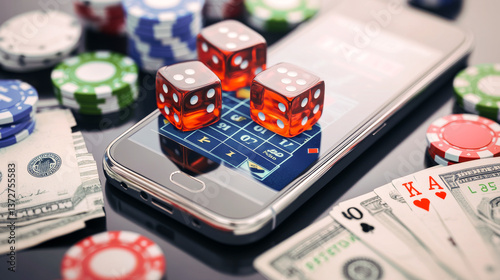 Smartphone with online casino app. Poker coins, playing card and dice on blurred background. Website banner with Digital gambling concept