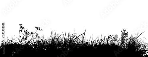 black grass horizontal silhouettes . hand drawing. Not AI Vector illustration.