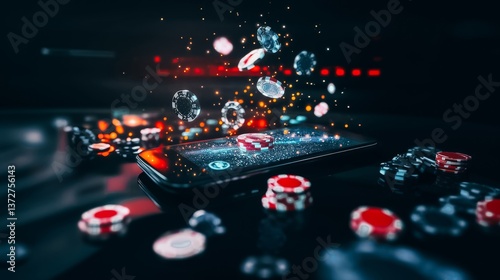 Flying Poker chips in smartphone in blurred background. Digital online casino concept