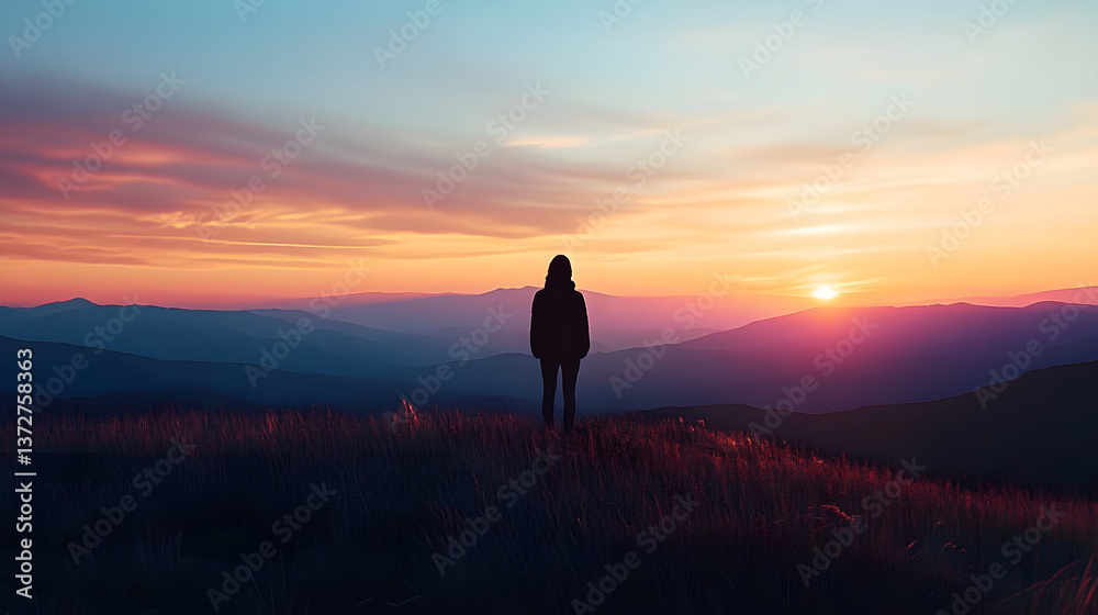 Silhouette of a person standing on hilltop enjoying sunset views over vast mountain landscape Silhouette of a person standing on hilltop enjoying sunset views over vast mountain landscape