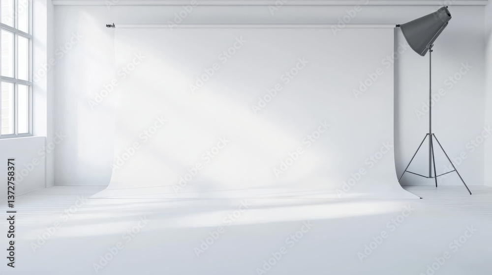 Bright, minimalistic studio space ideal for photography with white backdrop and light. Bright, minimalistic studio space ideal for photography with white backdrop and light.