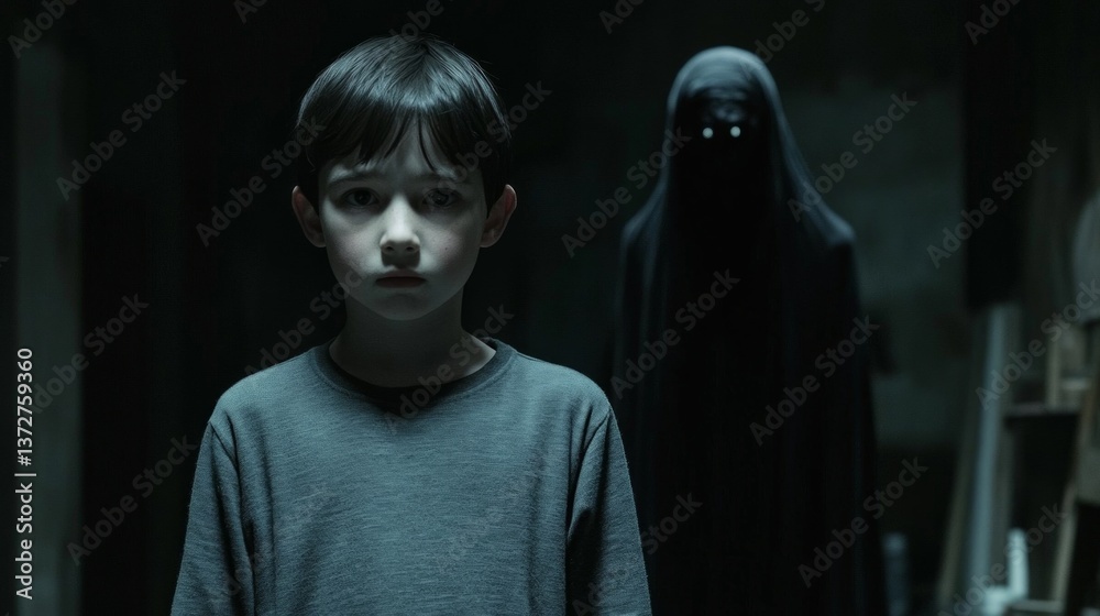 Haunting encounter between boy and shadowy figure dimly lit basement horror scene eerie atmosphere intimate viewpoint Haunting encounter between boy and shadowy figure dimly lit basement horror scene eerie atmosphere intimate viewpoint