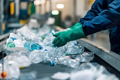 Worker sorting plastic bottles at a recycling plant conveyor belt in an industrial facility for waste management